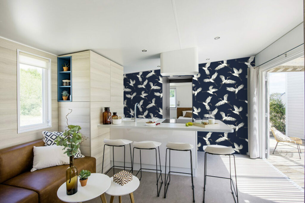 papier peint pré encollé grues japonisantes haut de gamme mobil home- bleu