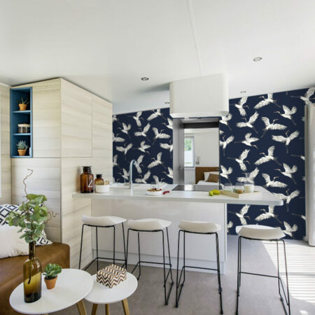 papier peint pré encollé grues japonisantes haut de gamme mobil home- bleu