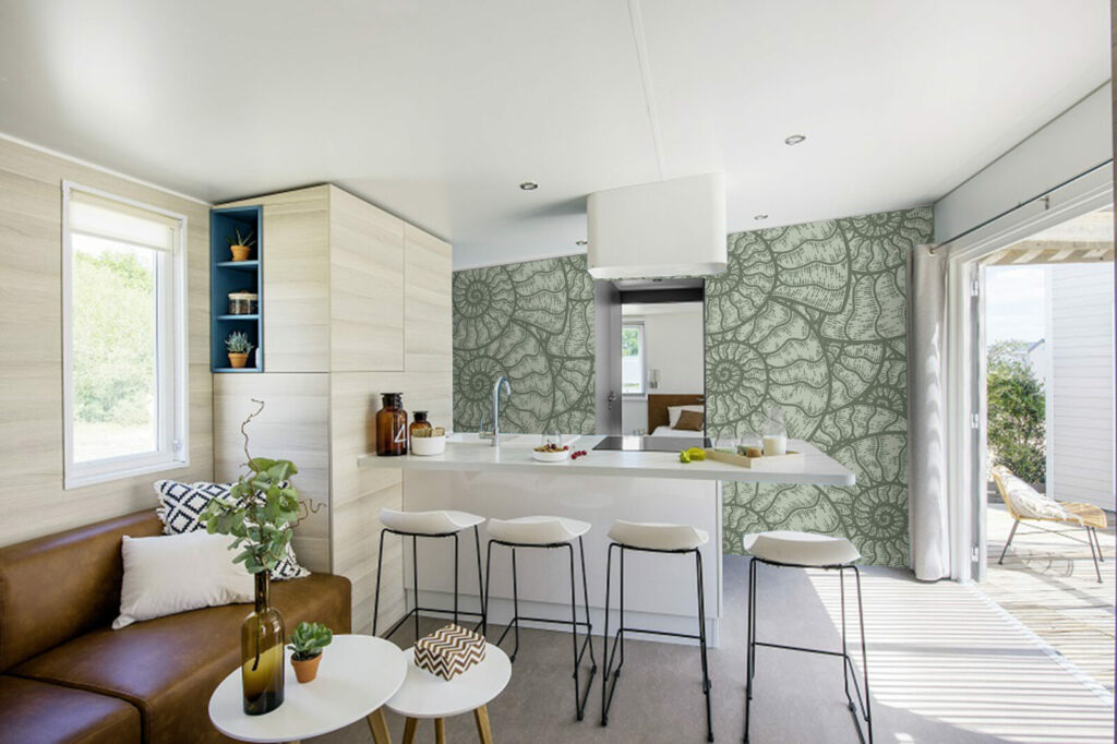 Papier peint à encollé pas cher audacieux escargot mobil home vert kaki