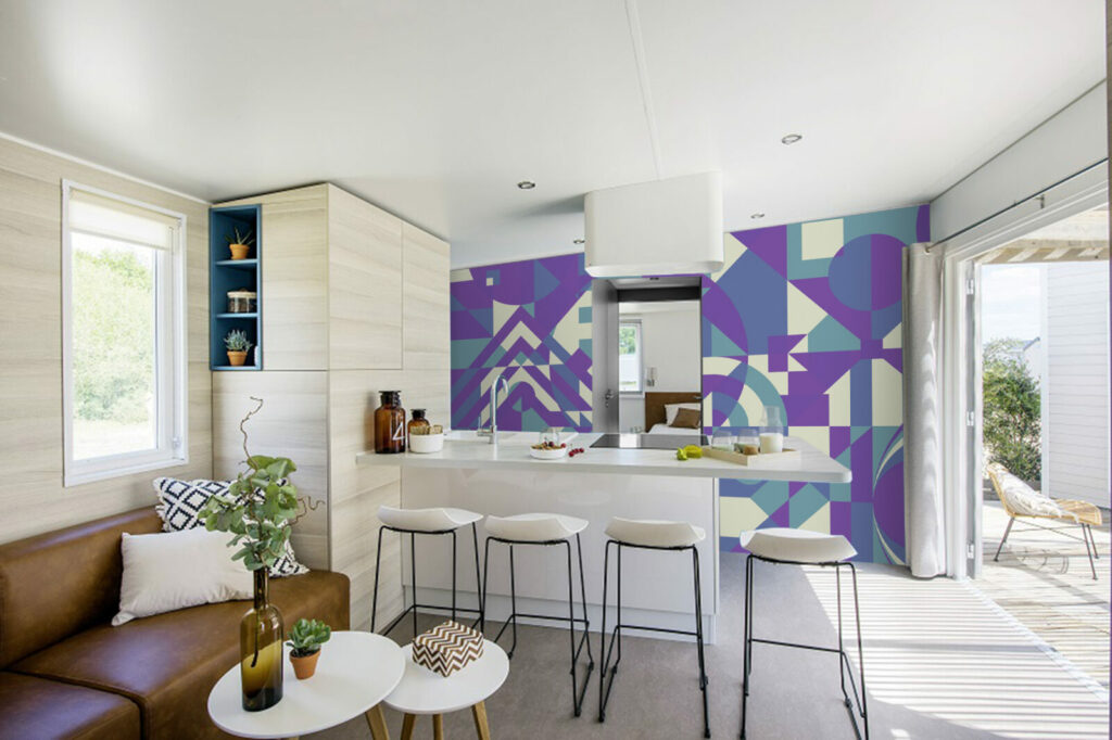 papier peint géométrique psychédélique original pas cher salon - bonne qualité - violet vert