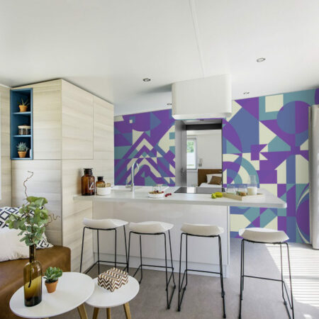 papier peint géométrique psychédélique original pas cher salon - bonne qualité - violet vert