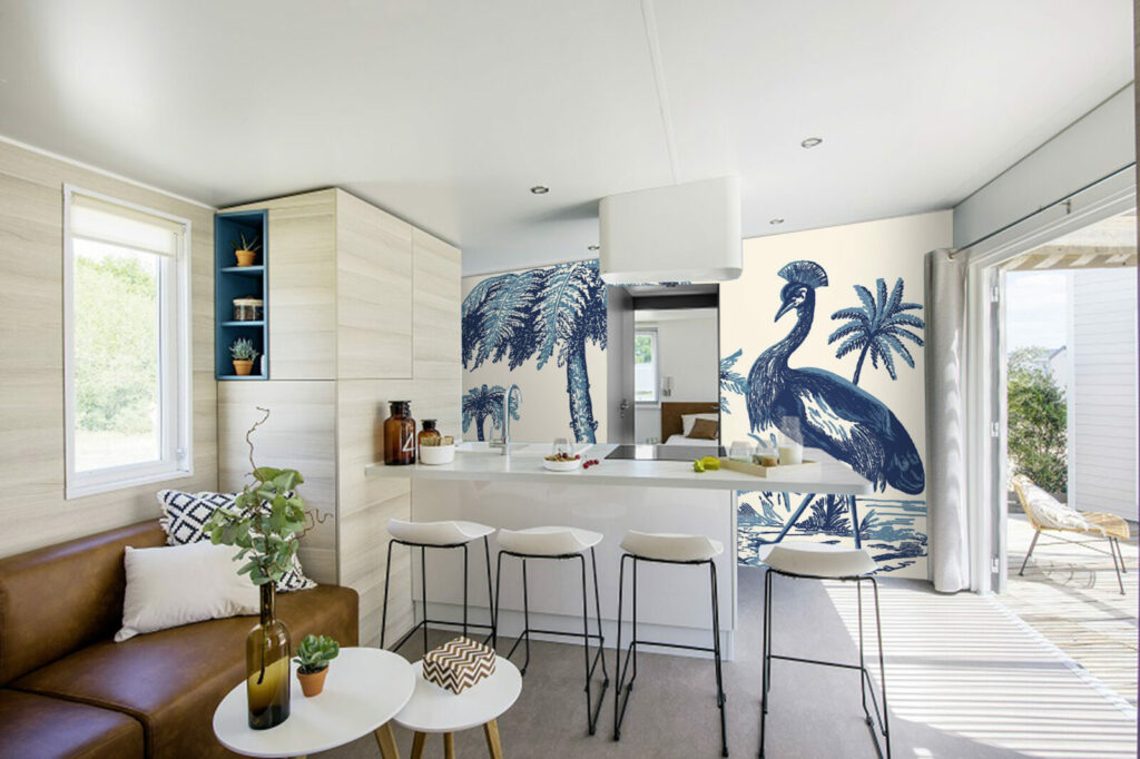 tapisserie panoramique paysage tropical jungle moderne haut de gamme bungalow - bleu