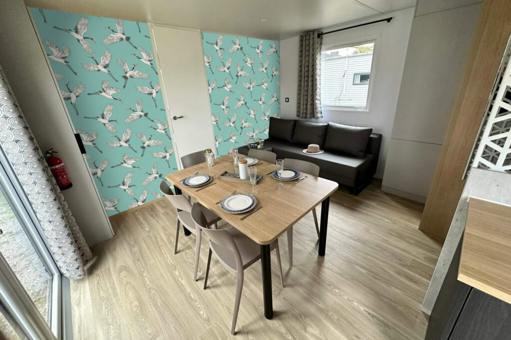 papier peint pré encollé grues japonisantes haut de gamme mobil home- vert