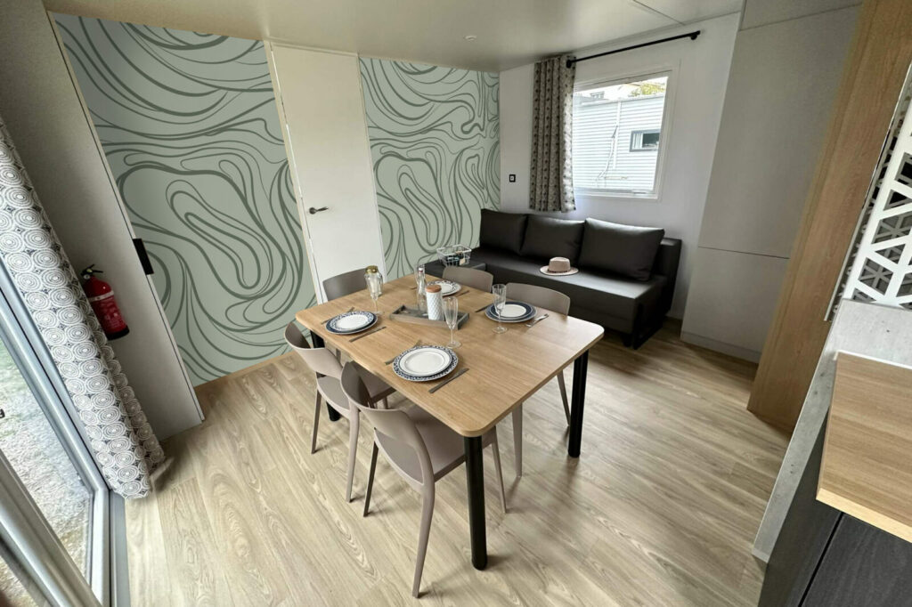 papier peint à encoller ligne abstraite moderne sur-mesure haut de gamme mobil home de camping kaki