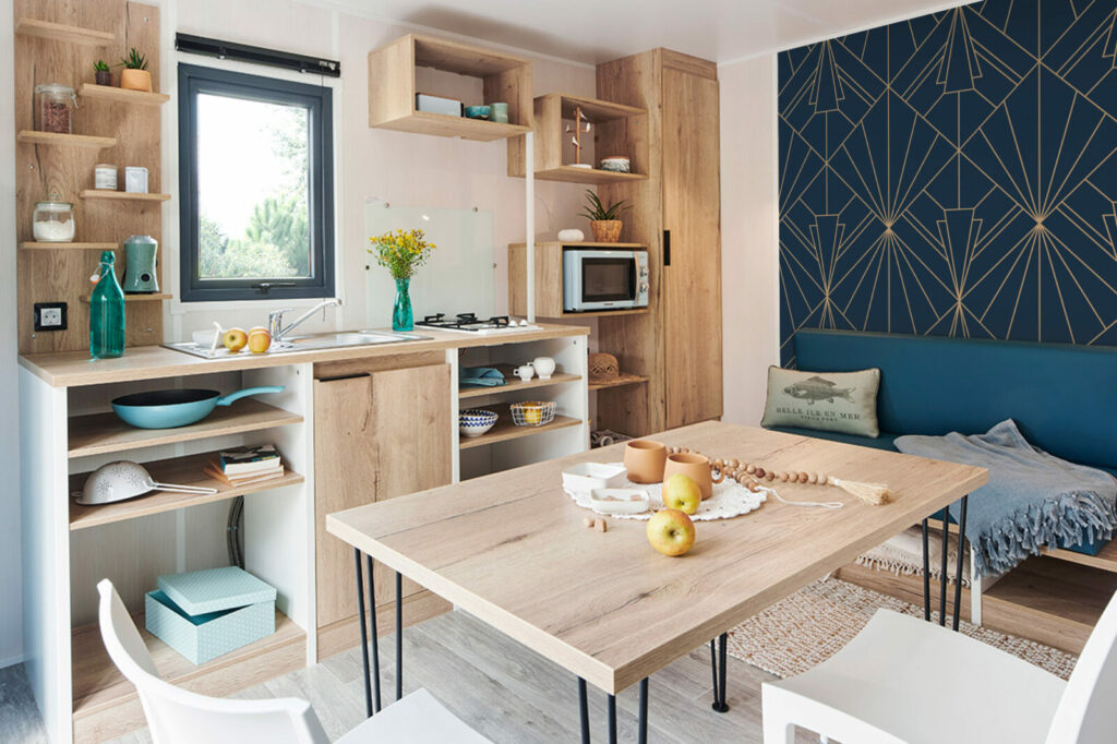 tapisserie murale géométrique tendance art déco pas cher - mobil home - chambre -bleu