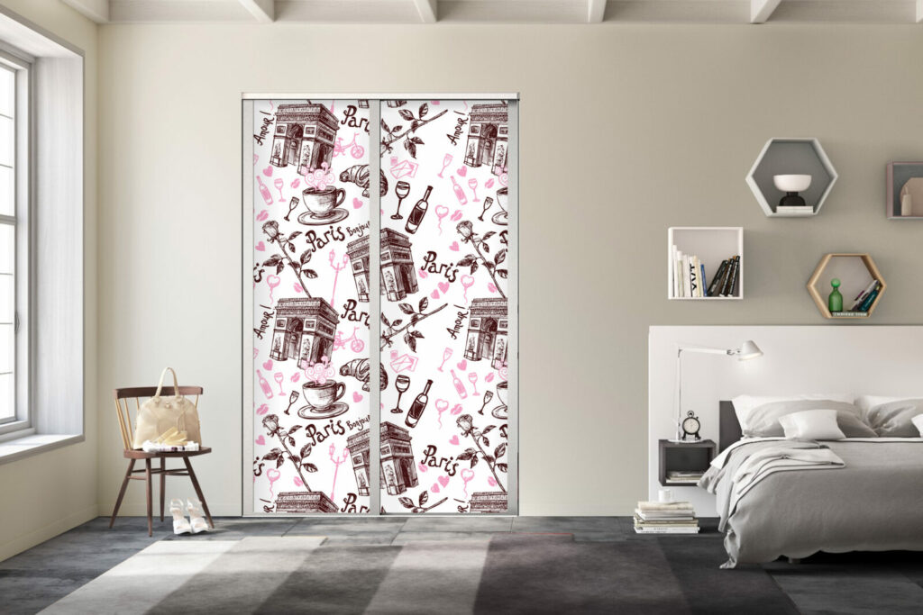 Tapisserie à encoller motif paris café France personnalisé pas cher bonne qualité porte de placard