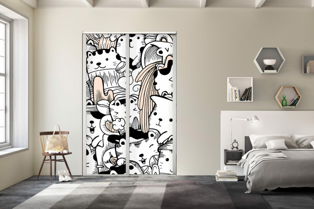 Papier peint pré encollée motif petit chat pop doodle personnalisé bon prix maison portes de placard chambre ado - haut de gamme