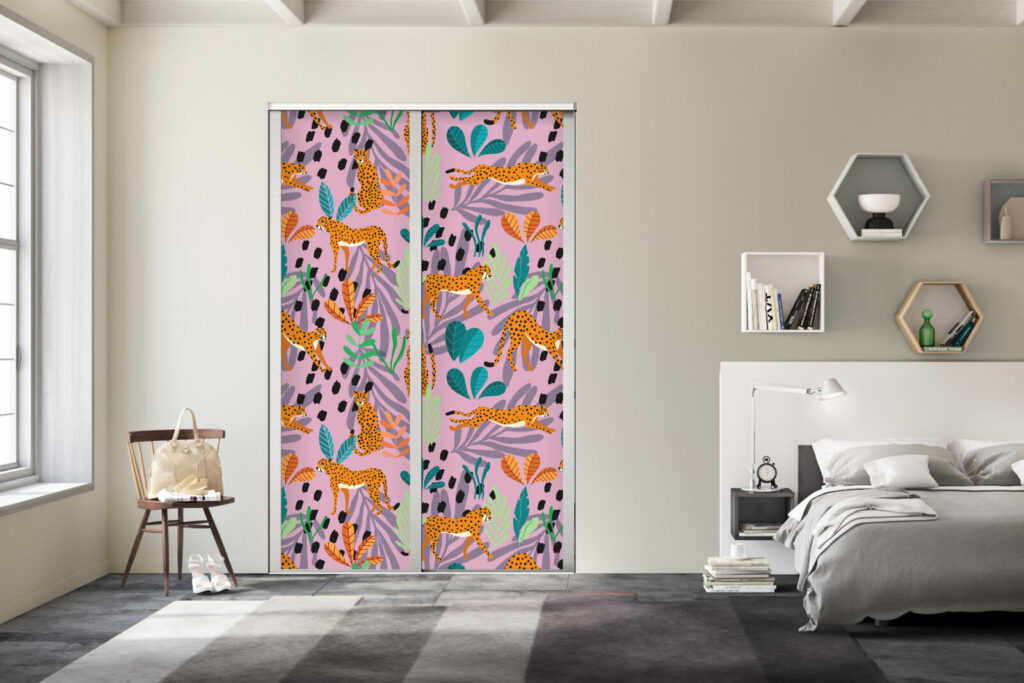 papier peint motif art déco sur mesure portes de placard chambre enfant - rose