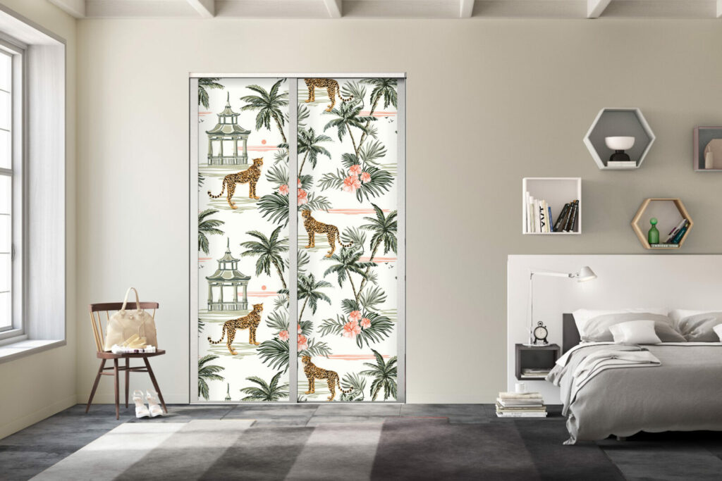 Décoration porte de plaques avec tapisserie repositionnable motif guépard et feuillage multicolore petit prix