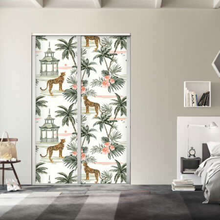 Décoration porte de plaques avec tapisserie repositionnable motif guépard et feuillage multicolore petit prix