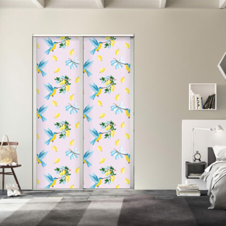 Décoration porte avec tapisserie motif oiseau bleu rose petit prix - bonne qualité - chambre