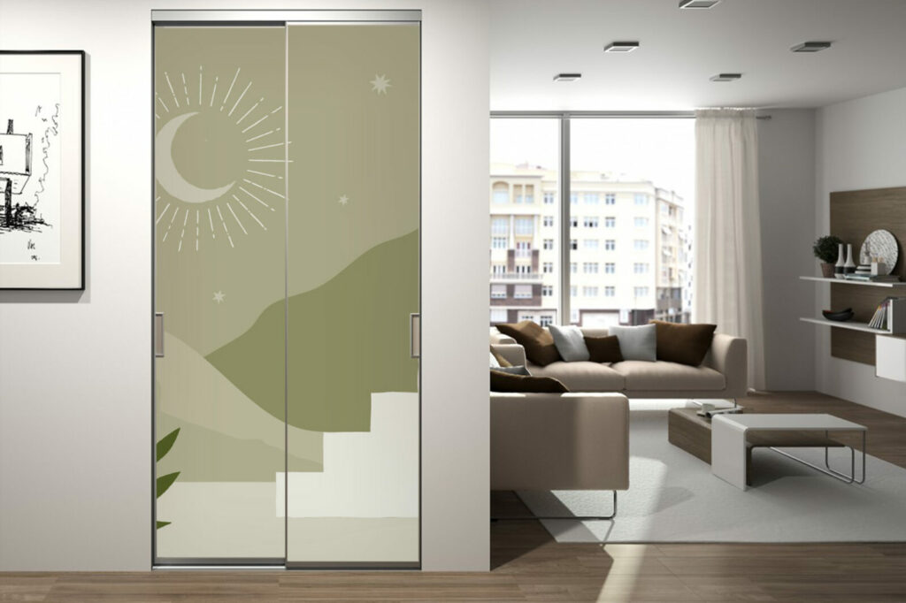 tapisserie repositionnable paysage méditerranéen minimaliste pas cher porte de placard coulissante kaki