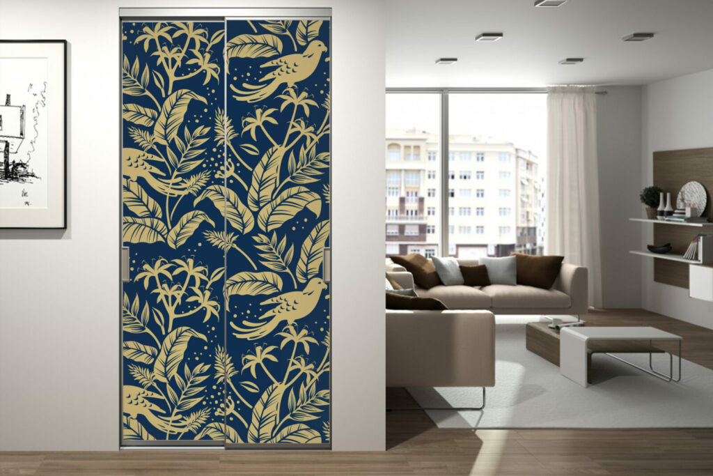 Papier peint à encoller oiseau perroquet feuilles - pas cher – portes de placard coulissantes - salon- haut de gamme - Bleu et gold or