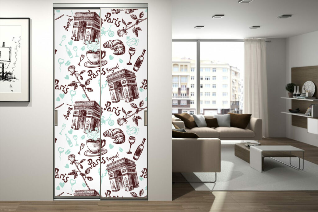 Tapisserie à encoller motif paris café France personnalisé pas cher bonne qualité porte de placard