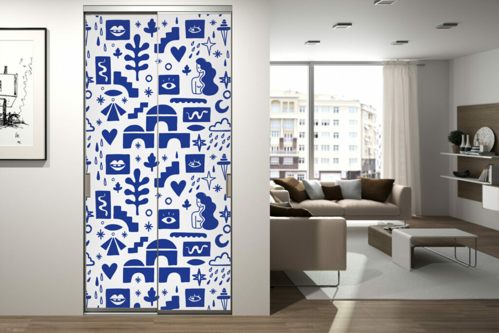 fresque mural de formes abstraites style Mathisse haut de gamme - bleu - portes de placard