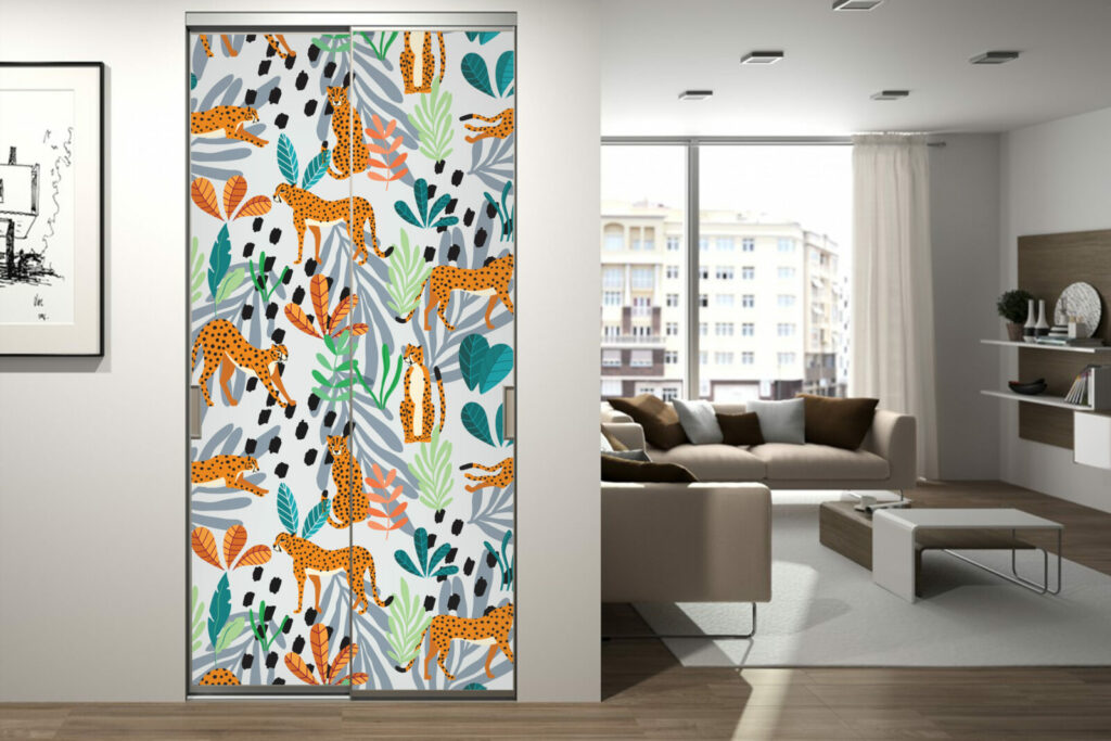 Décoration porte de plaquard avec tapisserie repositionnable motif guépard et feuillage multicolore petit prix