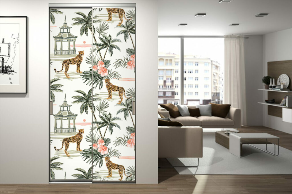 Décoration portes de placard avec tapisserie repositionnable motif guépard et feuillage multicolore petit prix