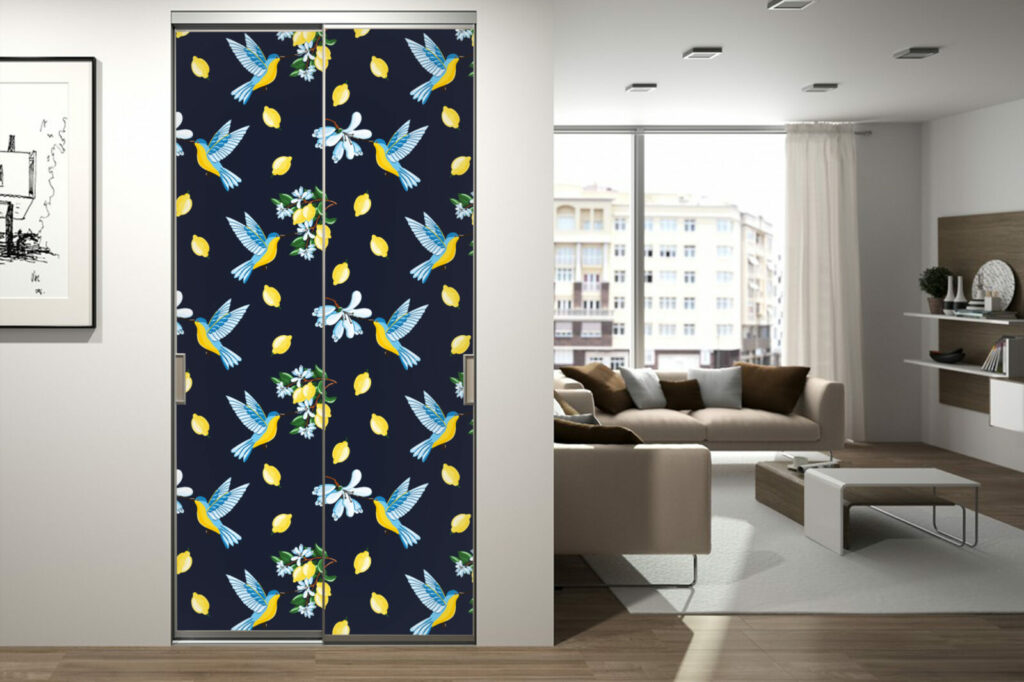 Décoration portes de placard avec tapisserie motif oiseau bleu jaune - salon - petit prix - haut de gamme