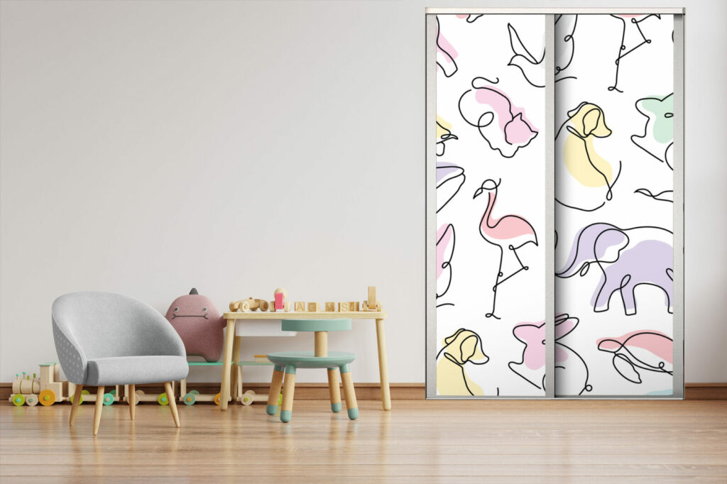 tapisserie vinyle autocollant motif animaux minimaliste aquarelle personnalisé portes de placard coulissantes