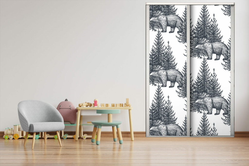 stickers muraux intissé motif ours forêt personnalisé moins cher porte de placard chambre bébé