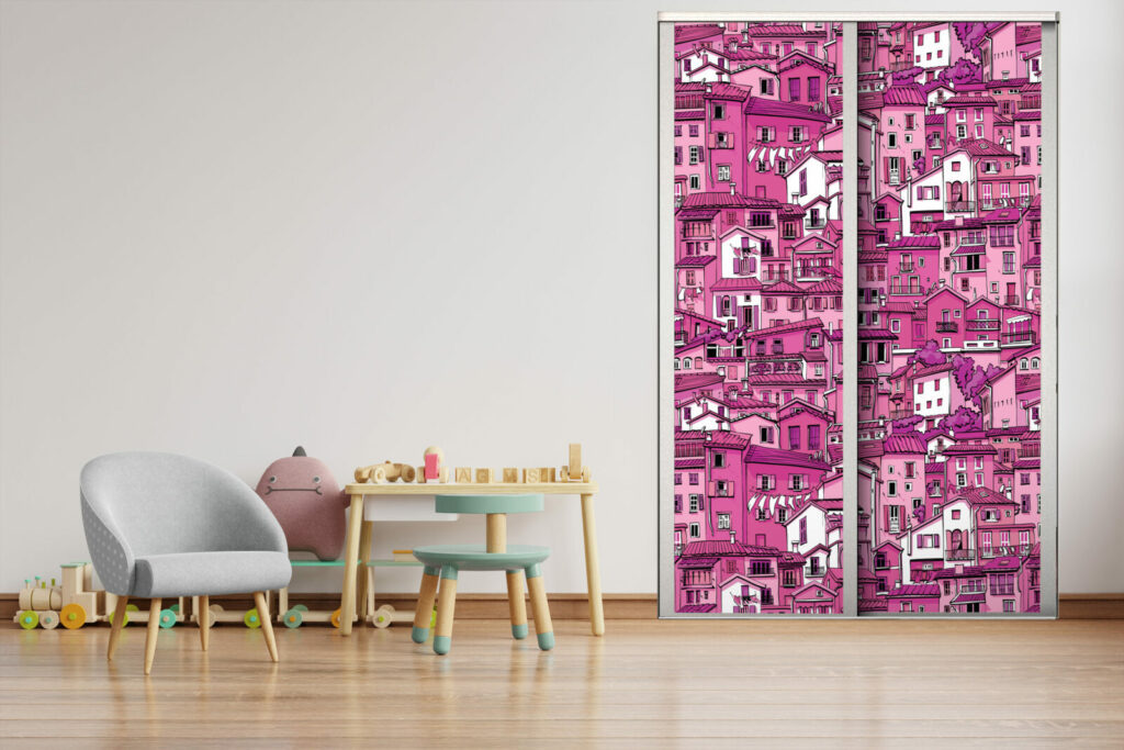 papier peint à encoller haut de gamme village pas cher - bonne qualité - portes de placard rose