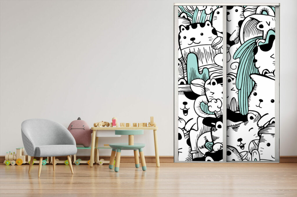 Papier peint pré encollée motif petit chat pop doodle personnalisé bon prix maison portes de placard chambre ado - haut de gamme
