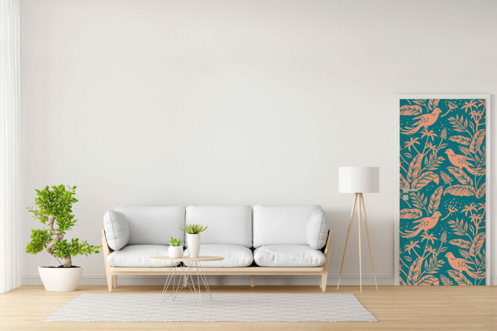 tapisserie pré encollé oiseau perroquet - pas cher – porte - haut de gamme - rose turquoise - salon