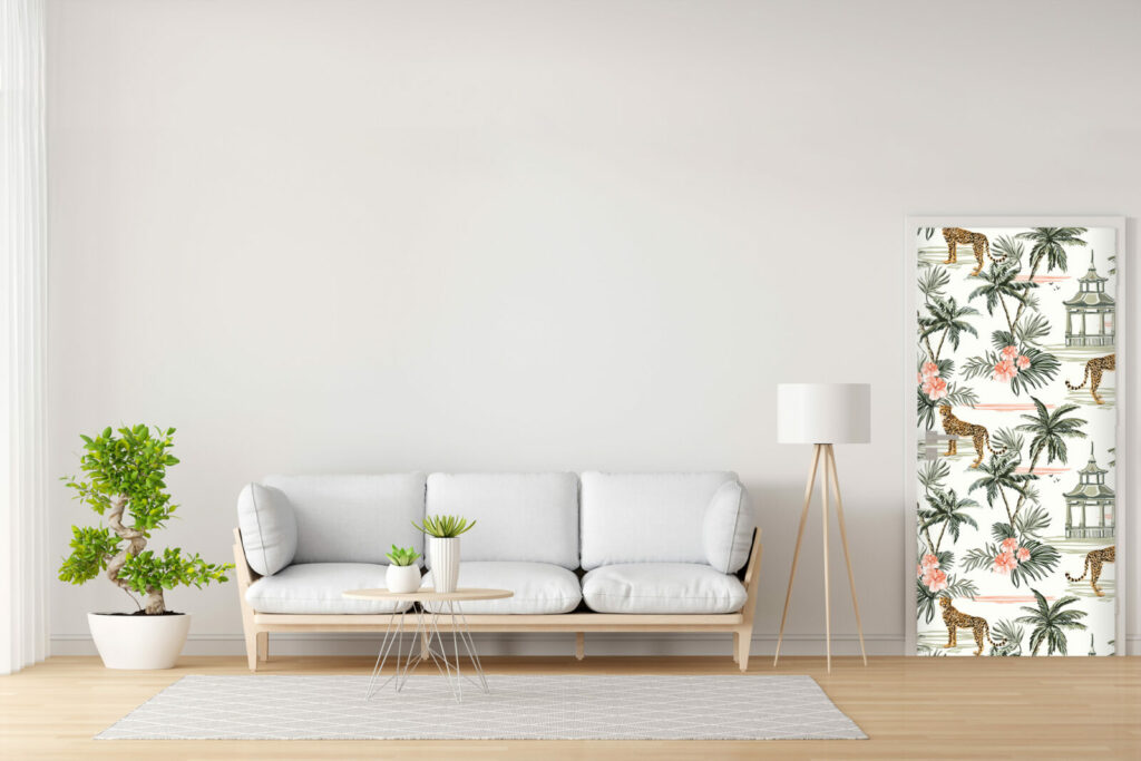 Décoration porte avec tapisserie repositionnable motif guépard et feuillage multicolore petit prix