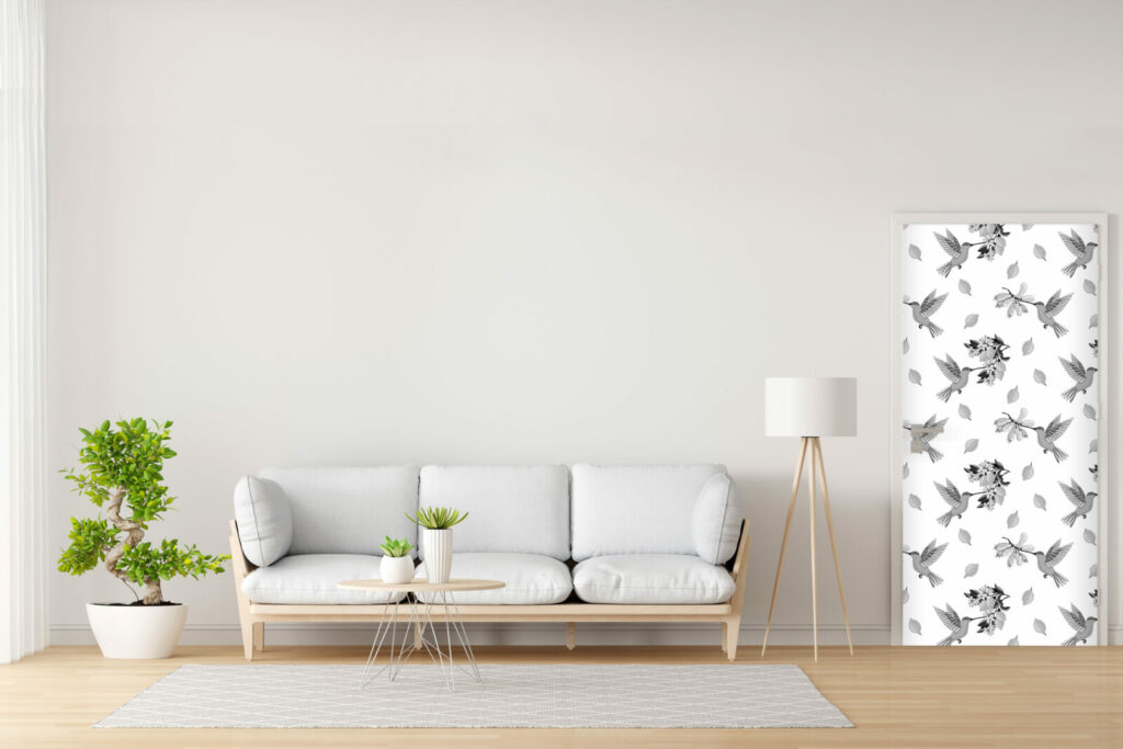 Décoration porte avec tapisserie motif oiseau gris blanc petit prix - bonne qualité - salon