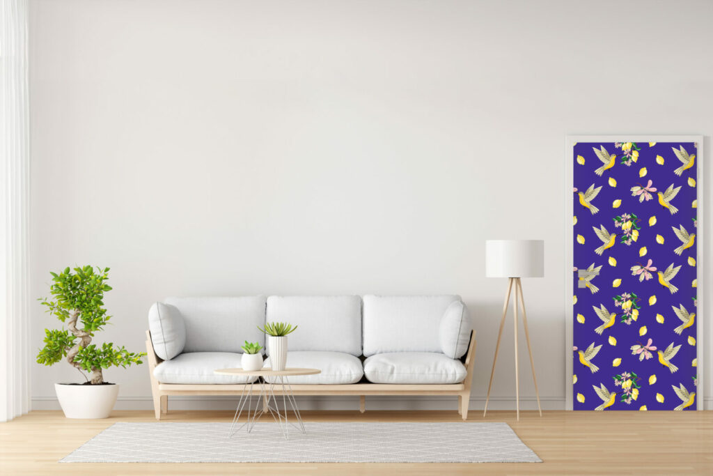 Décoration porte avec tapisserie motif oiseau violet beige petit prix - bonne qualité - salon
