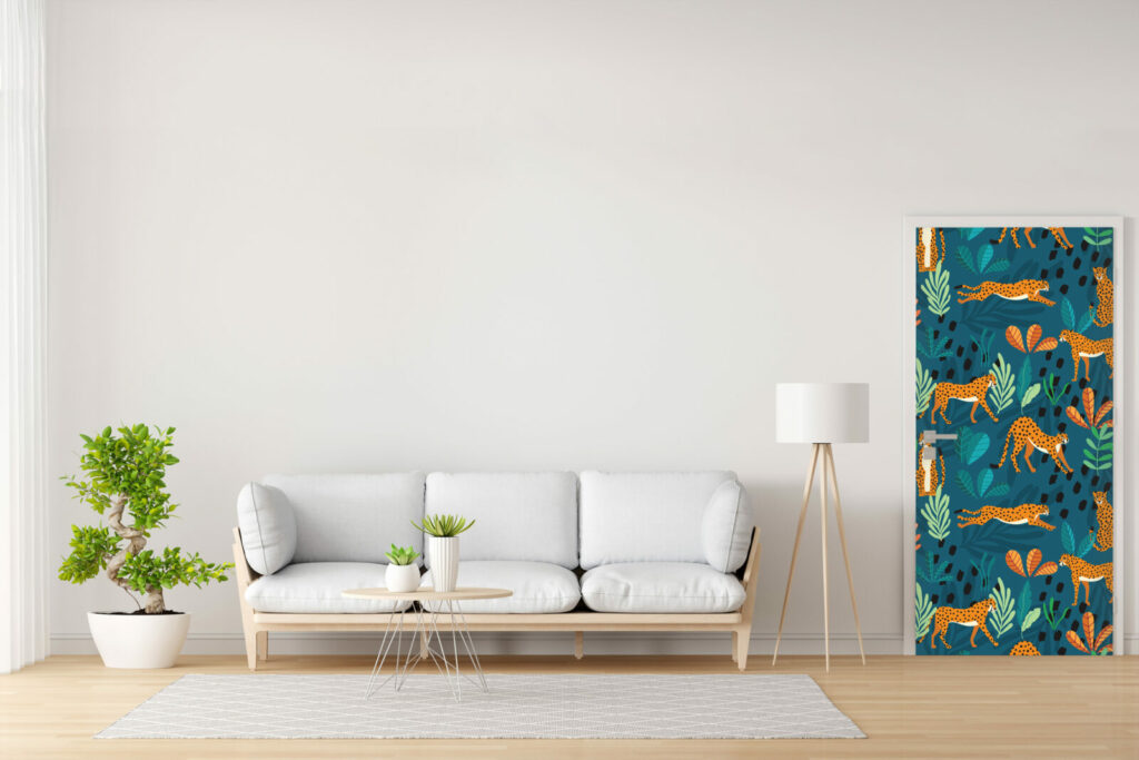 Décoration porte avec tapisserie repositionnable motif guépard et feuillage multicolore petit prix - bonne qualité