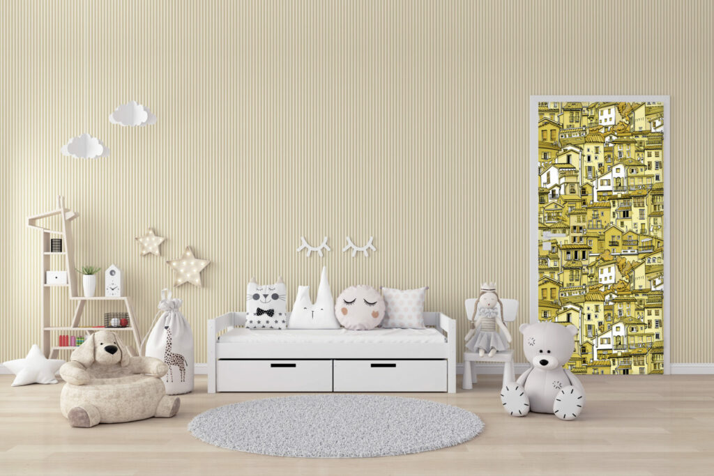 papier peint à encoller haut de gamme village pas cher - bonne qualité - porte - jaune