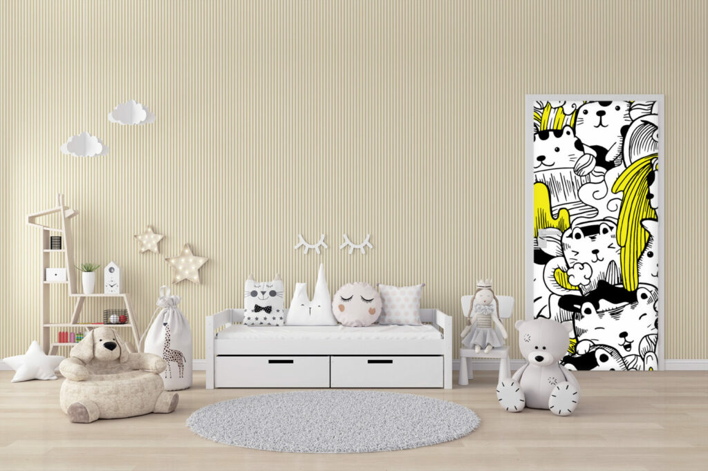 Papier peint pré encollée motif petit chat pop doodle personnalisé bon prix maison portes chambre ado - haut de gamme