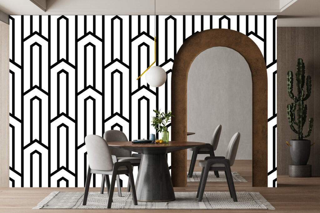 papier peint repositionnable motif géométrique à encoller abordable salle à manger noir blanc