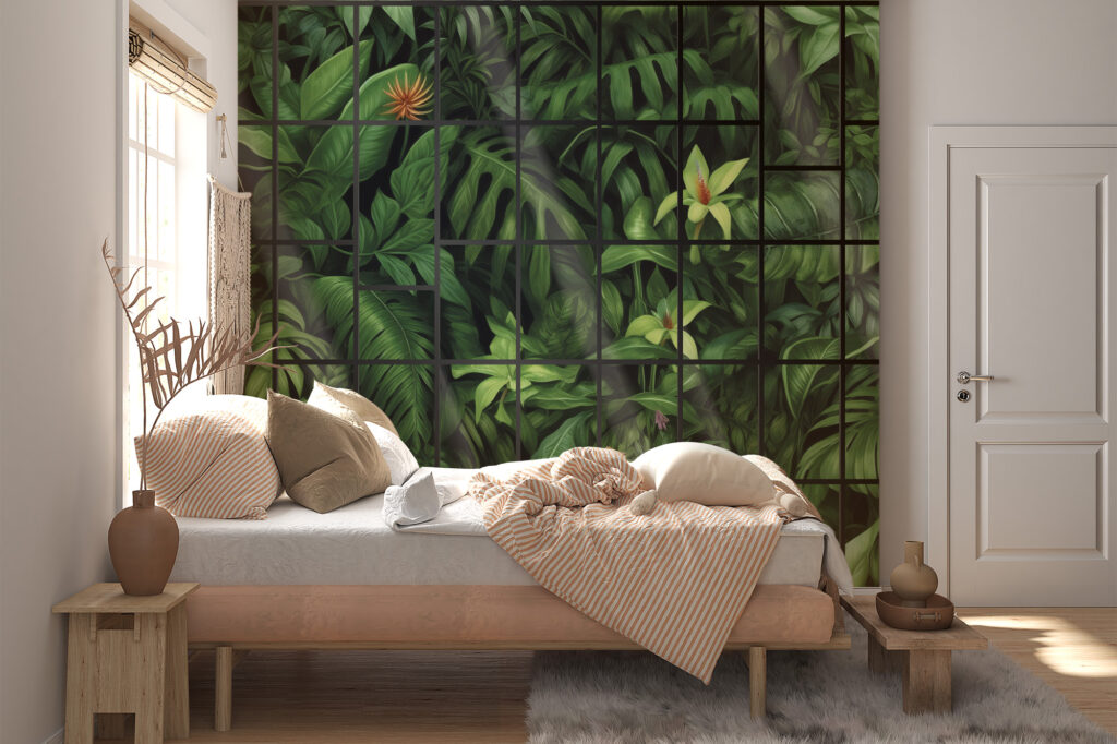 Avec ce papier peint panoramique jungle faite entrer la nature dans votre salon, chambre ou salle de bain.