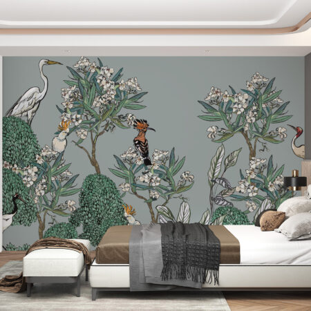 Papier peint oiseaux exotiques au décor végétal élégant. Motif tropical sur mesure avec cadrage personnalisable et fabrication française.