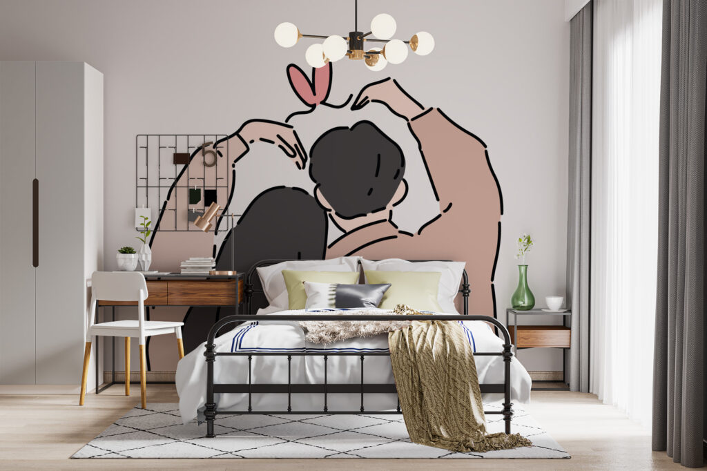 Papier peint Korean love au style doux et romantique. Décor mural sur mesure pour chambre ado ou jeune adulte, fabrication française.