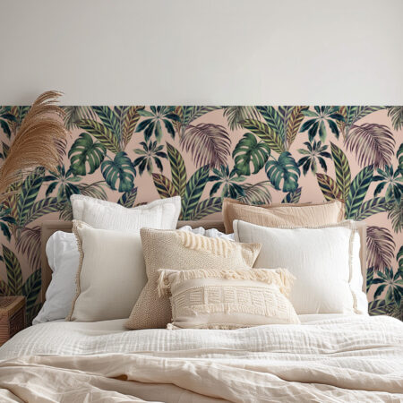 Papier peint jungle chic aux feuillages exotiques élégants. Décor mural sur mesure, cadrage personnalisable et fabrication française.