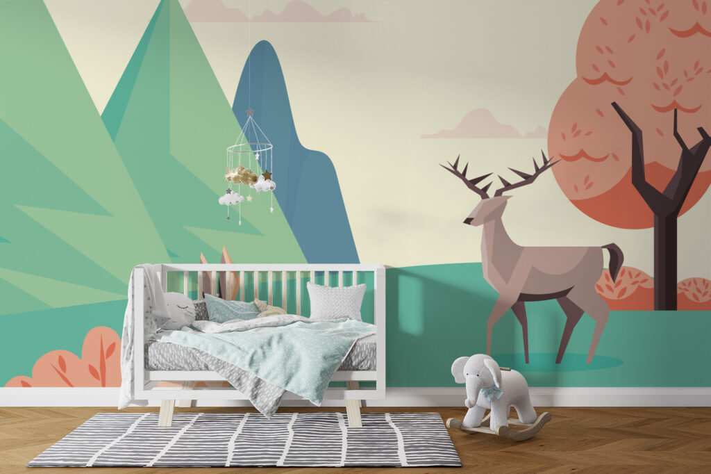 Papier peint scandinave enfant aux tons pastel et motifs doux. Décor mural sur mesure, cadrage personnalisable et fabrication française.