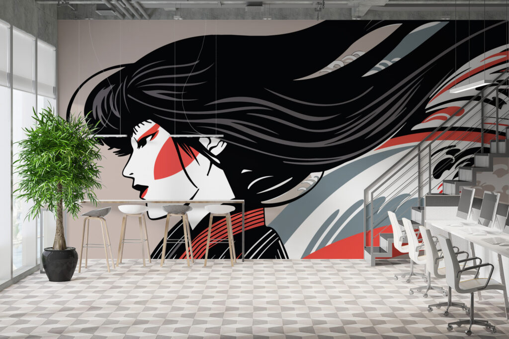 Papier peint panoramique Japonaise inspiré du kabuki. Décor mural sur mesure au style artistique fort, fabrication française.