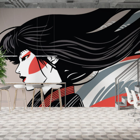 Papier peint panoramique Japonaise inspiré du kabuki. Décor mural sur mesure au style artistique fort, fabrication française.