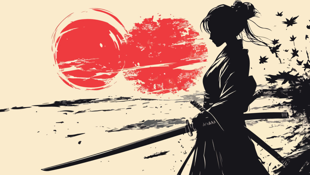 Papier peint femme Samouraï au style japonais puissant et élégant. Décor mural panoramique sur mesure, inspiré de l’art nippon.