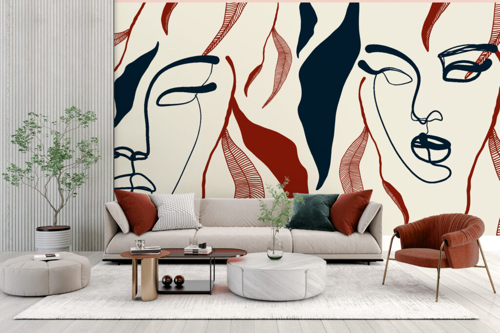 Papier peint visages abstraits au style graphique et contemporain. Décor mural sur mesure pour une ambiance artistique et moderne.