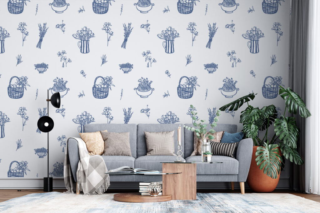 Papier peint motif Fleurs Bleues au style floral délicat et intemporel. Décor mural sur mesure, fabrication française et livraison gratuite.