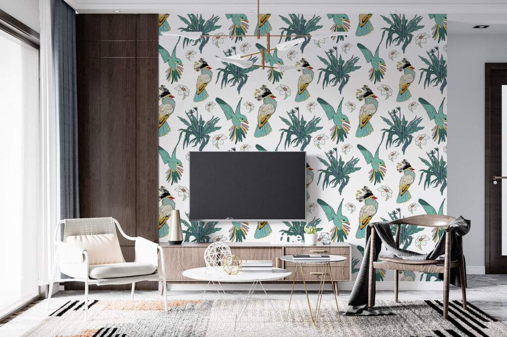 Papier peint oiseaux tropicaux au style exotique et élégant. Décor mural sur mesure, fabrication française, livraison gratuite en France.