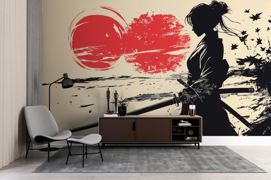 Papier peint femme Samouraï au style japonais puissant et élégant. Décor mural panoramique sur mesure, inspiré de l’art nippon.