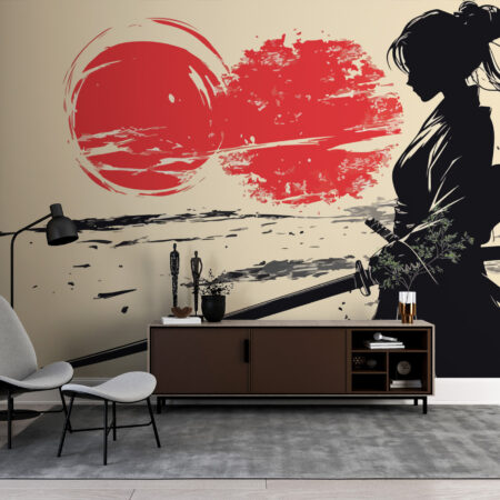 Papier peint femme Samouraï au style japonais puissant et élégant. Décor mural panoramique sur mesure, inspiré de l’art nippon.