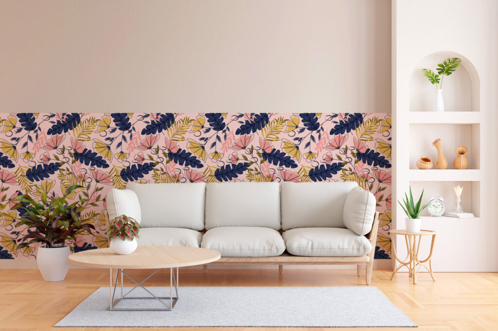 Papier peint fleuri rose bleu au design botanique délicat. Décor mural sur mesure, fabrication française et livraison gratuite en France.