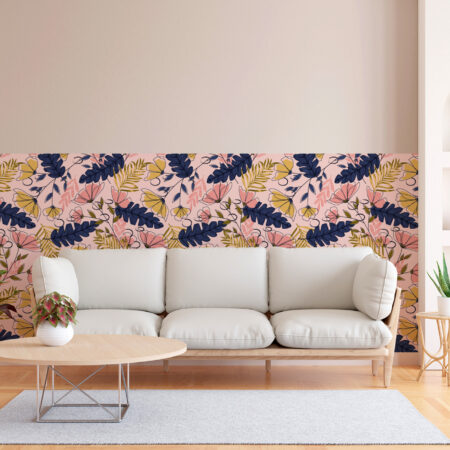 Papier peint fleuri rose bleu au design botanique délicat. Décor mural sur mesure, fabrication française et livraison gratuite en France.