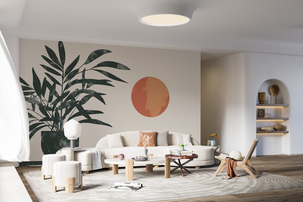 Papier peint Japandi végétal au design minimaliste et apaisant. Décor mural sur mesure pour une ambiance zen et naturelle.